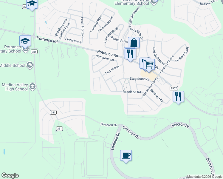 map of restaurants, bars, coffee shops, grocery stores, and more near 726 Raceland Road in San Antonio
