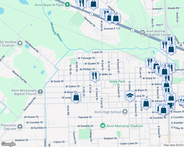 map of restaurants, bars, coffee shops, grocery stores, and more near 114 North 4th Street in Alvin