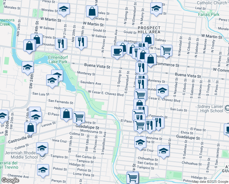 map of restaurants, bars, coffee shops, grocery stores, and more near 3018 West César E Chávez Boulevard in San Antonio