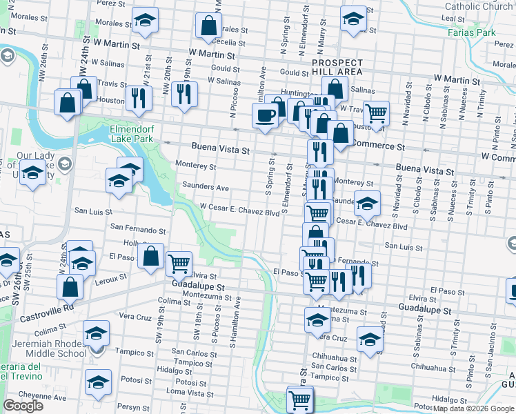 map of restaurants, bars, coffee shops, grocery stores, and more near 3018 West César E Chávez Boulevard in San Antonio