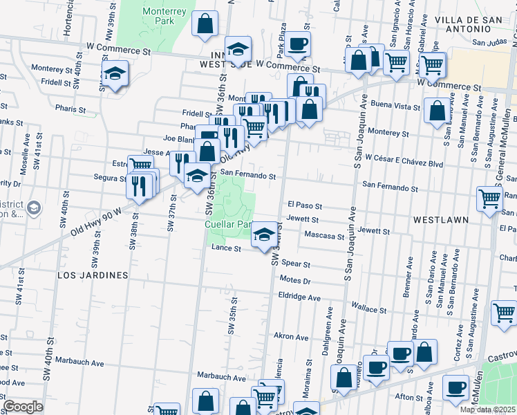 map of restaurants, bars, coffee shops, grocery stores, and more near 1326 Jewett Street in San Antonio