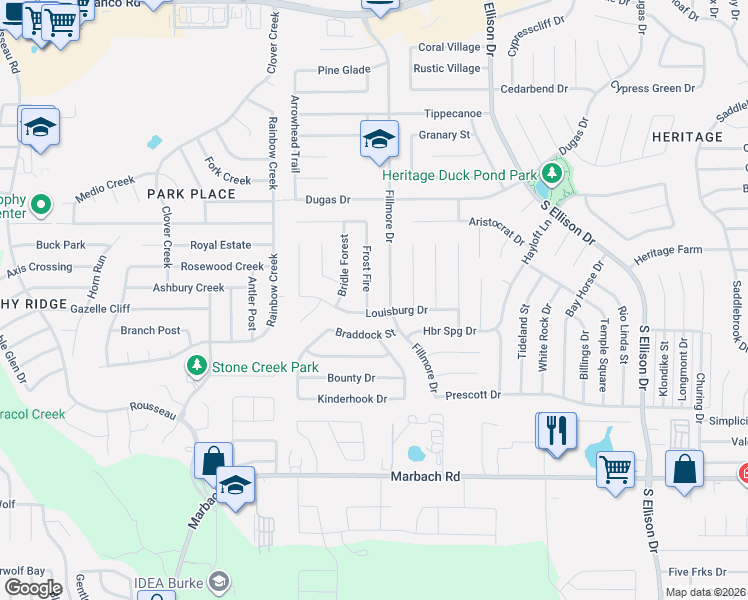 map of restaurants, bars, coffee shops, grocery stores, and more near 10502 Louisburg Drive in San Antonio