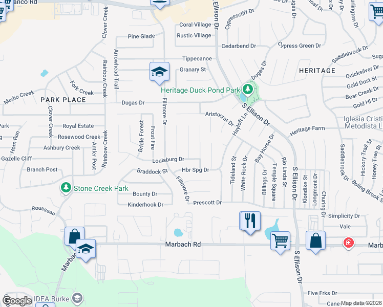map of restaurants, bars, coffee shops, grocery stores, and more near 10406 Louisburg Drive in San Antonio