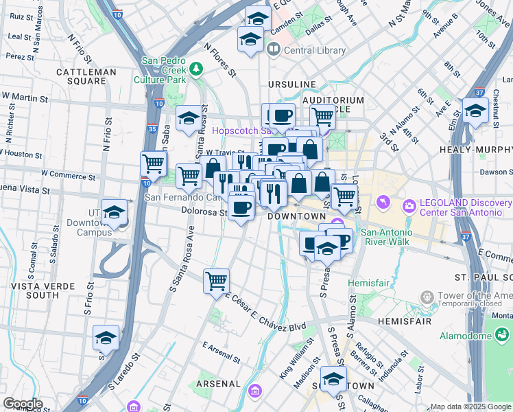 map of restaurants, bars, coffee shops, grocery stores, and more near 126 South Flores Street in San Antonio