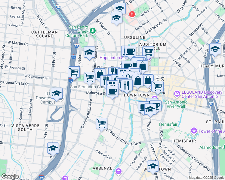 map of restaurants, bars, coffee shops, grocery stores, and more near 100 Military Plaza in San Antonio