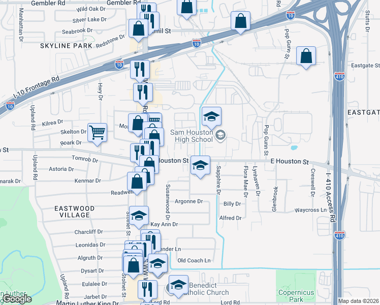 map of restaurants, bars, coffee shops, grocery stores, and more near 4635 East Houston Street in San Antonio