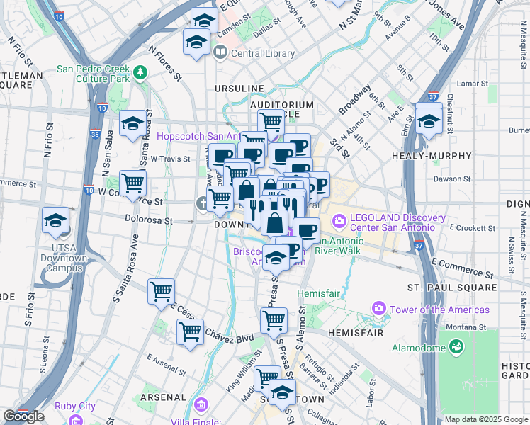 map of restaurants, bars, coffee shops, grocery stores, and more near in San Antonio