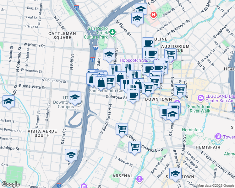 map of restaurants, bars, coffee shops, grocery stores, and more near 219-229 South Laredo Street in San Antonio