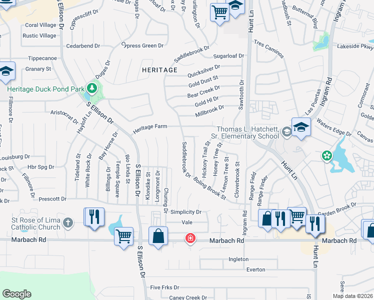 map of restaurants, bars, coffee shops, grocery stores, and more near 911 Saddlebrook Drive in San Antonio