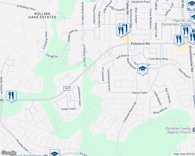 map of restaurants, bars, coffee shops, grocery stores, and more near 13080 Potranco Road in San Antonio