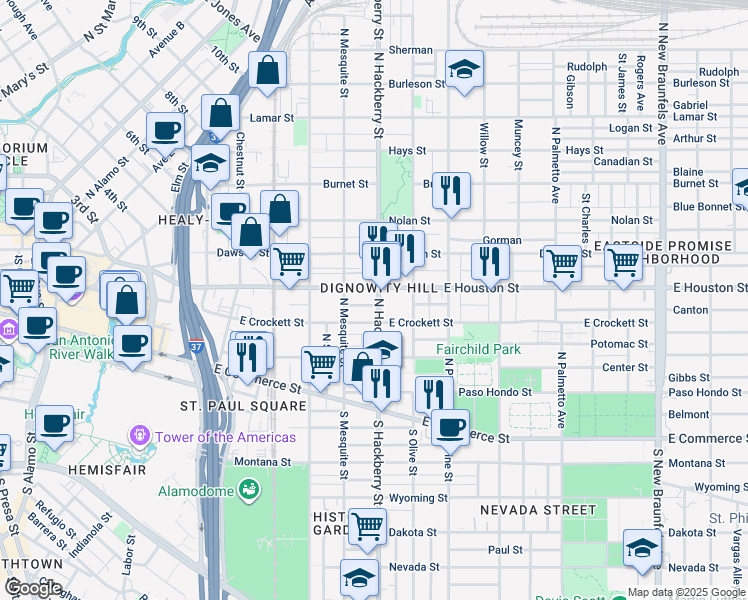 map of restaurants, bars, coffee shops, grocery stores, and more near 929 East Crockett Street in San Antonio