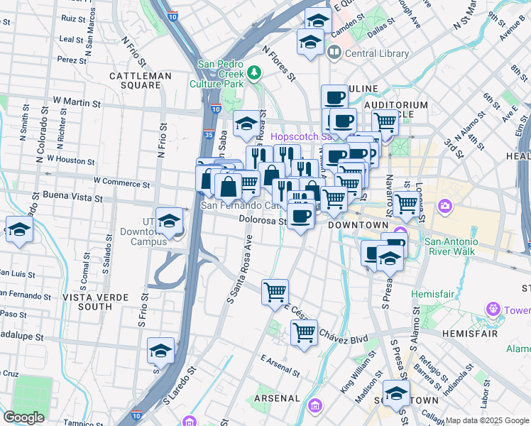 map of restaurants, bars, coffee shops, grocery stores, and more near 110 South Laredo Street in San Antonio