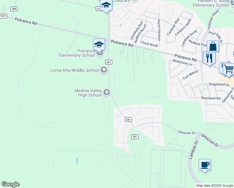 map of restaurants, bars, coffee shops, grocery stores, and more near 277 Hunters Ranch E in San Antonio