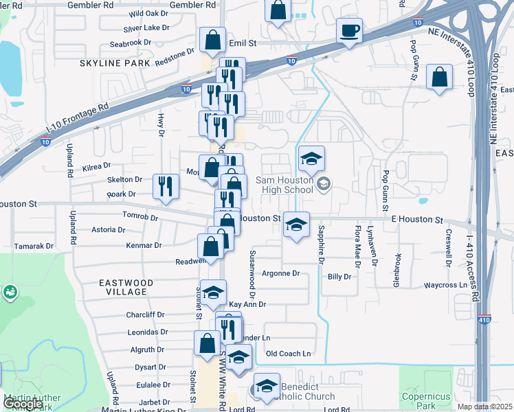 map of restaurants, bars, coffee shops, grocery stores, and more near 4603 East Houston Street in San Antonio