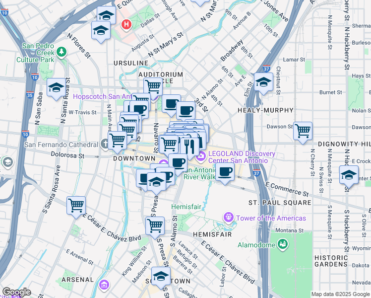 map of restaurants, bars, coffee shops, grocery stores, and more near 198 Blum Street in San Antonio