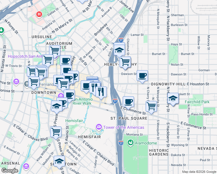 map of restaurants, bars, coffee shops, grocery stores, and more near 303 Blum Street in San Antonio