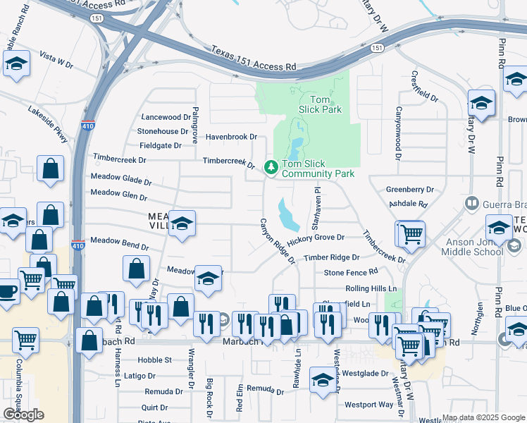 map of restaurants, bars, coffee shops, grocery stores, and more near 7203 Meadow Breeze Drive in San Antonio