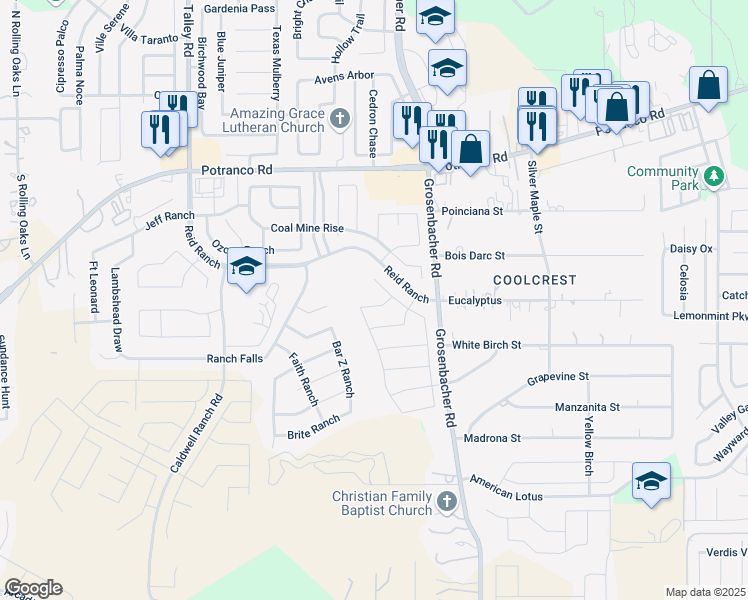 map of restaurants, bars, coffee shops, grocery stores, and more near Fiesta Ranch in San Antonio
