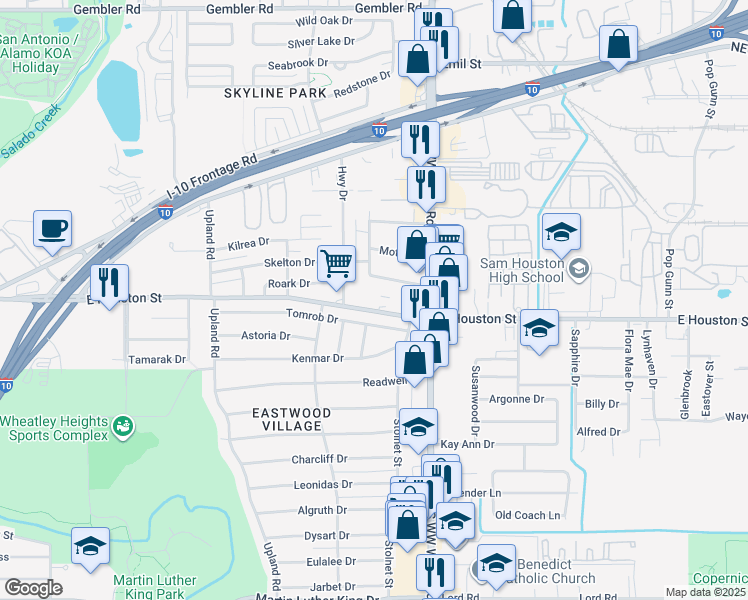 map of restaurants, bars, coffee shops, grocery stores, and more near 119 Tomrob Drive in San Antonio