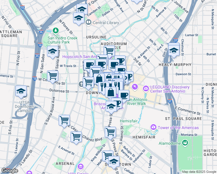 map of restaurants, bars, coffee shops, grocery stores, and more near 243 East Commerce Street in San Antonio