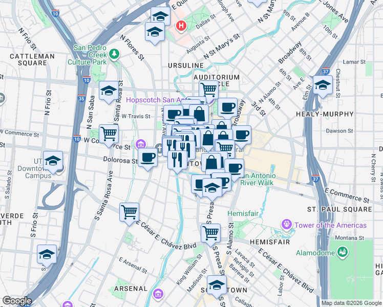 map of restaurants, bars, coffee shops, grocery stores, and more near 106 N St Mary's St in San Antonio