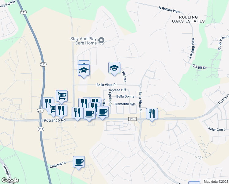 map of restaurants, bars, coffee shops, grocery stores, and more near 14014 Bella Donna in San Antonio