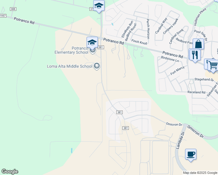 map of restaurants, bars, coffee shops, grocery stores, and more near 190 Co Road 381 in San Antonio