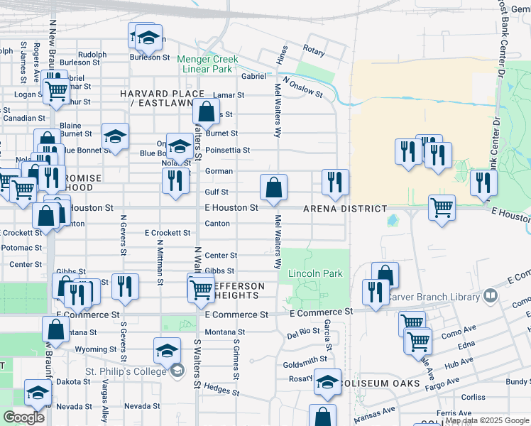 map of restaurants, bars, coffee shops, grocery stores, and more near 2747 East Houston Street in San Antonio