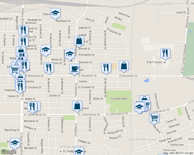 map of restaurants, bars, coffee shops, grocery stores, and more near 2709 East Houston Street in San Antonio