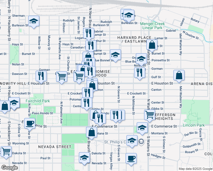 map of restaurants, bars, coffee shops, grocery stores, and more near 2317 East Houston Street in San Antonio