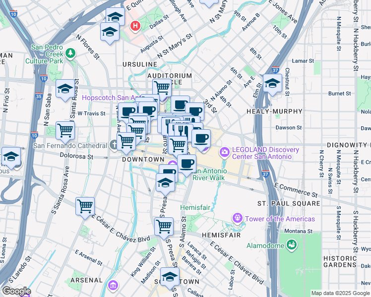 map of restaurants, bars, coffee shops, grocery stores, and more near 123 Losoya Street in San Antonio
