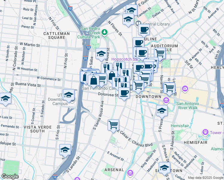 map of restaurants, bars, coffee shops, grocery stores, and more near 101199 North Laredo Street in San Antonio