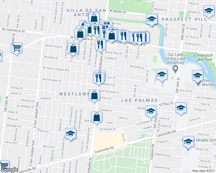 map of restaurants, bars, coffee shops, grocery stores, and more near 4302 San Luis Street in San Antonio