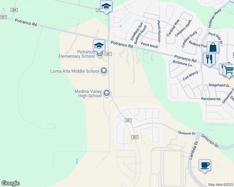 map of restaurants, bars, coffee shops, grocery stores, and more near 190 Co Road 381 in San Antonio