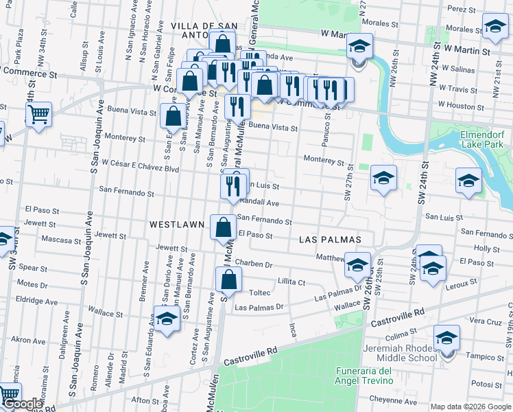map of restaurants, bars, coffee shops, grocery stores, and more near 4302 San Luis Street in San Antonio