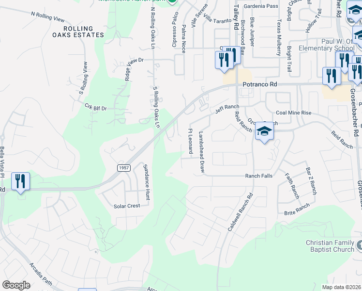 map of restaurants, bars, coffee shops, grocery stores, and more near 13080 Farm to Market 1957 in San Antonio