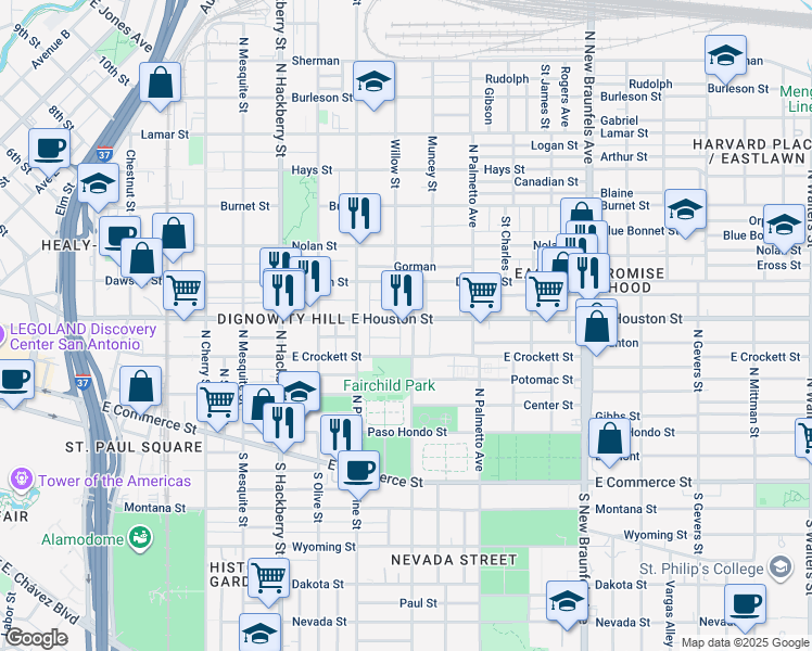 map of restaurants, bars, coffee shops, grocery stores, and more near 1833 East Houston Street in San Antonio