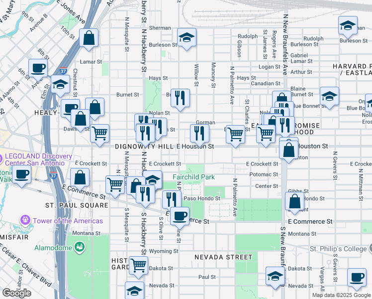 map of restaurants, bars, coffee shops, grocery stores, and more near 1816 East Houston Street in San Antonio