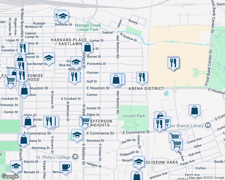 map of restaurants, bars, coffee shops, grocery stores, and more near 2747 East Houston Street in San Antonio