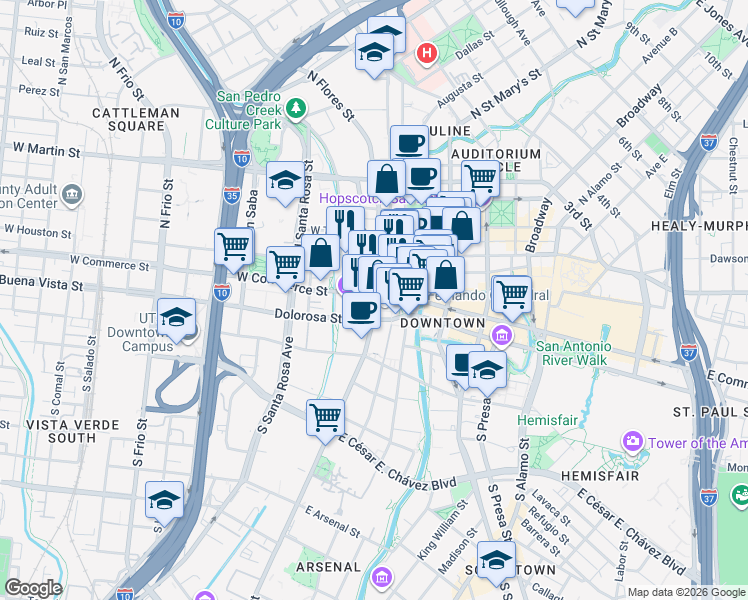 map of restaurants, bars, coffee shops, grocery stores, and more near 99 Military Plaza in San Antonio