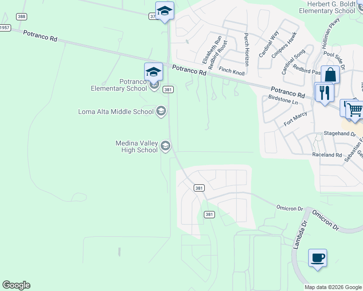 map of restaurants, bars, coffee shops, grocery stores, and more near 190 Co Road 381 in San Antonio