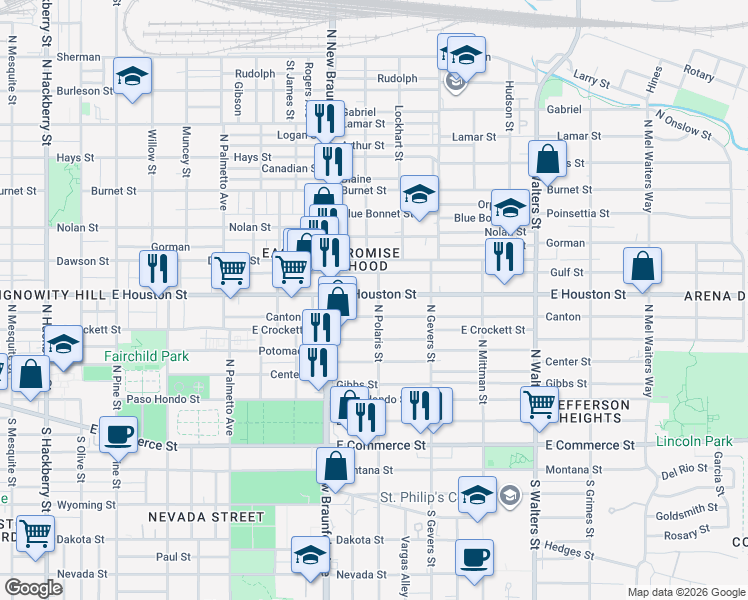 map of restaurants, bars, coffee shops, grocery stores, and more near 2317 East Houston Street in San Antonio