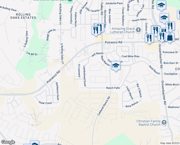 map of restaurants, bars, coffee shops, grocery stores, and more near 12952 Waggoner Ranch in San Antonio
