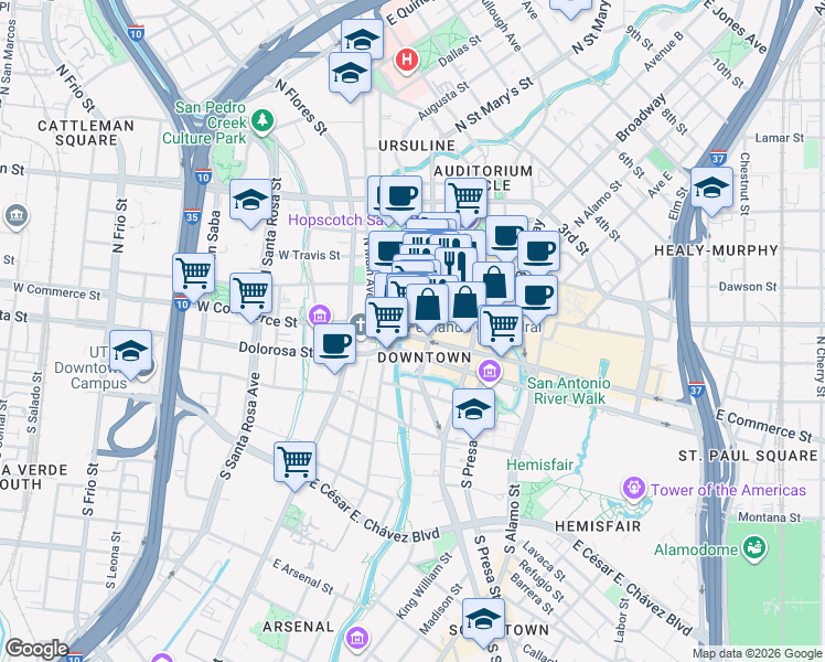 map of restaurants, bars, coffee shops, grocery stores, and more near 143 East Commerce Street in San Antonio