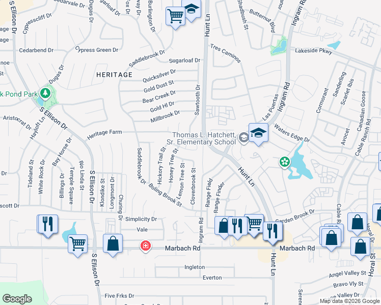 map of restaurants, bars, coffee shops, grocery stores, and more near 778 Sawtooth Drive in San Antonio