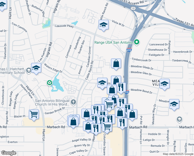 map of restaurants, bars, coffee shops, grocery stores, and more near 1526 Cable Ranch Road in San Antonio