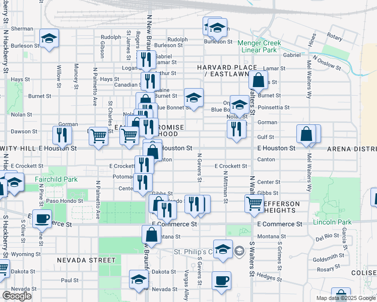 map of restaurants, bars, coffee shops, grocery stores, and more near 2353 East Houston Street in San Antonio