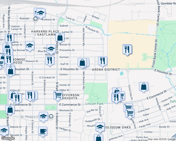 map of restaurants, bars, coffee shops, grocery stores, and more near 2823 East Houston Street in San Antonio