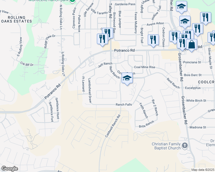 map of restaurants, bars, coffee shops, grocery stores, and more near 12818 Big Tank Ranch in San Antonio