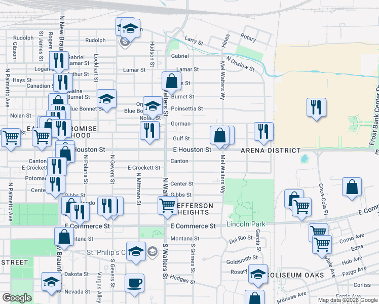 map of restaurants, bars, coffee shops, grocery stores, and more near 730 Gulf in San Antonio